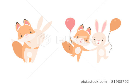 Pretty Little Bunny and Fox Cub Playing Together as Best Friends Vector Set Pretty Little Bunny and Fox Cub Playing Together as Best Friends Vector Set 81988792
