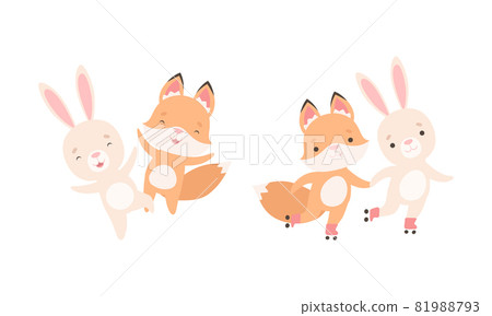 Pretty Little Bunny and Fox Cub Playing Together as Best Friends Vector Set Pretty Little Bunny and Fox Cub Playing Together as Best Friends Vector Set 81988793