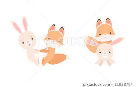 Pretty Little Bunny and Fox Cub Playing Together as Best Friends Vector Set 81988794