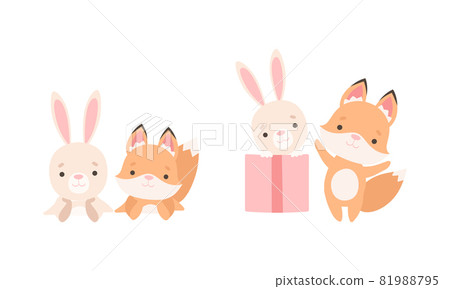 Pretty Little Bunny and Fox Cub Playing Together as Best Friends Vector Set Pretty Little Bunny and Fox Cub Playing Together as Best Friends Vector Set 81988795