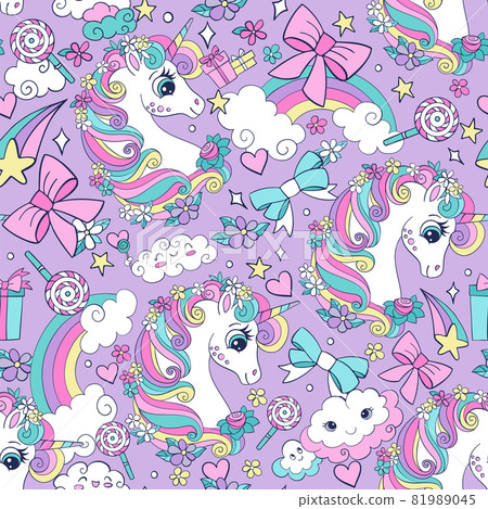 Vector seamless pattern with cute unicorns and... - Stock Illustration ...