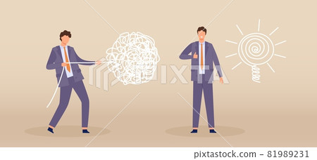 Business problem solving process concept with chaos and order line. Flat businessman character pull tangled wire into line bulb vector idea 81989231