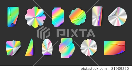 Wrinkled hologram label stickers with folds and peel edges. Square, round and star holographic metal seal. Neon shiny foil emblem vector set 81989250