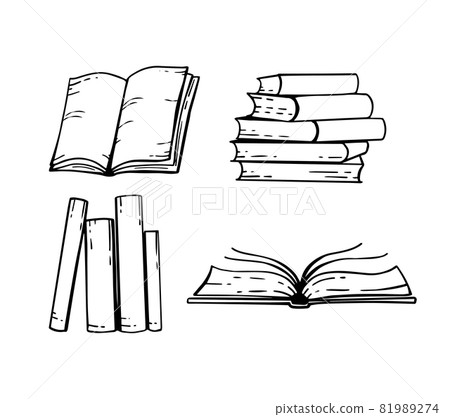 Books hand-drawn black and white set. Open books, in a stack and standing on a shelf. Vector illustration. Books hand-drawn black and white set. Open books, in a stack and standing on a shelf. Vector illustration. 81989274