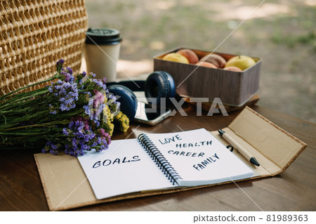 New Years Resolutions Goals motivational phrase in open notebook on the table. Outdoor still life with My Goals motivational text. Self-development and motivation 81989363