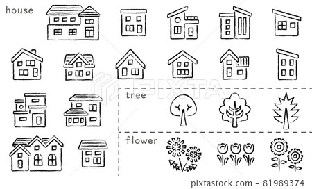 House and tree and flower icon set (charcoal pencil brush) classification version 81989374