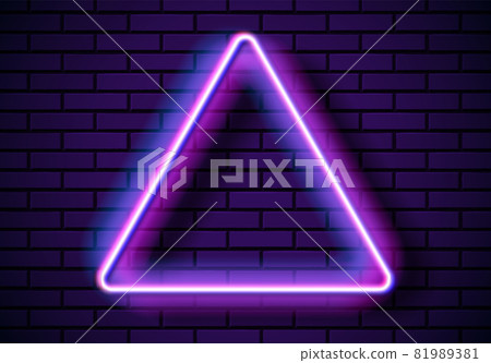 Neon frame with triangle shape on the blue brick wall. Classic rectangular 80s styled purple shiny glowing neon sign. Neon frame with triangle shape on the blue brick wall. Classic rectangular 80s styled purple shiny glowing neon sign. 81989381