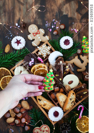 Sweet Christmas cookies in wooden box on rustic table 81989958