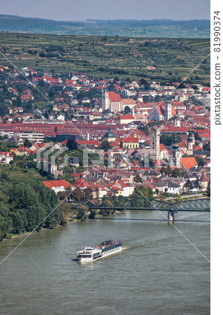 Panorama of Krems town with ship on Danube river in Wachau valley, Lower Austria, Austria Panorama of Krems town with ship on Danube river in Wachau valley, Lower Austria, Austria 81990374