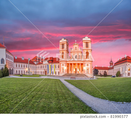 Church of monastery Goettweig near Krems against sunset in Lower Austria, Wachau, Austria Church of monastery Goettweig near Krems against sunset in Lower Austria, Wachau, Austria 81990377