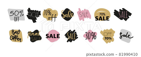 Fashion stickers for sale with bubbles draw by hand a large set . Clouds of stickers with different words form a vector isolated on a white background. Stock vector illustration 81990410