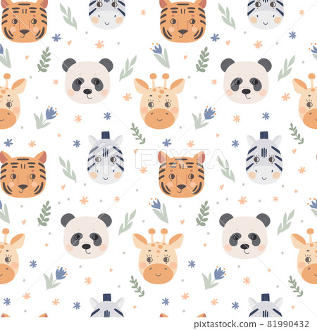 Seamless pattern with cute animal faces. The muzzle of a tiger, zebra, giraffe, panda on a white background. Vector for textiles and poster design, kids' clothing 81990432