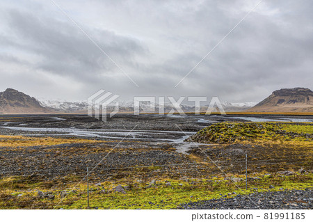 Panoramic picture over impressive and empty landscape in southern Iceland in winter during daytime Panoramic picture over impressive and empty landscape in southern Iceland in winter during daytime 81991185