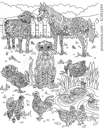 Different Domesticated Animals On Grass Field With Small Pond Covered With Fence Colorless Line Drawing. Farm Creatures Horse Cow Chicken Ducks Coloring Book Page. Different Domesticated Animals On Grass Field With Small Pond Covered With Fence Colorless Line Drawing. Farm Creatures Horse Cow Chicken Ducks Coloring Book Page. 81991844