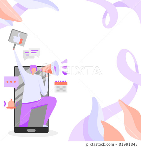 Man Standing Drawing Holding Loud Megaphone Raising Hand With Thumb Sign Mark. Gentleman Stands On Large Phone Holds Bullhorn Device Different Mobile Messaging Symbols. Man Standing Drawing Holding Loud Megaphone Raising Hand With Thumb Sign Mark. Gentleman Stands On Large Phone Holds Bullhorn Device Different Mobile Messaging Symbols. 81991845