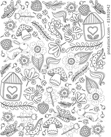 Nature Doodle Plants Flowers Animals Colorless Line Drawing. Doodling Art Fruits Leaves Mushrooms Petals House Insects Coloring Book Page. Nature Doodle Plants Flowers Animals Colorless Line Drawing. Doodling Art Fruits Leaves Mushrooms Petals House Insects Coloring Book Page. 81992042