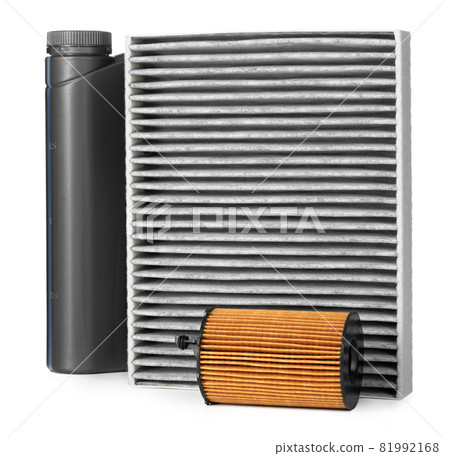 Car filters and motor oil can isolated on white Car filters and motor oil can isolated on white 81992168