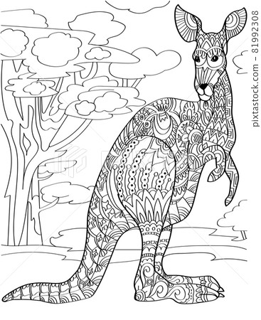 Curious Kangaroo Standing With Tall Tree Background Colorless Line Drawing. Macropod Stands Looking Sideway With Forest Backdrop Coloring Book Page. Curious Kangaroo Standing With Tall Tree Background Colorless Line Drawing. Macropod Stands Looking Sideway With Forest Backdrop Coloring Book Page. 81992308