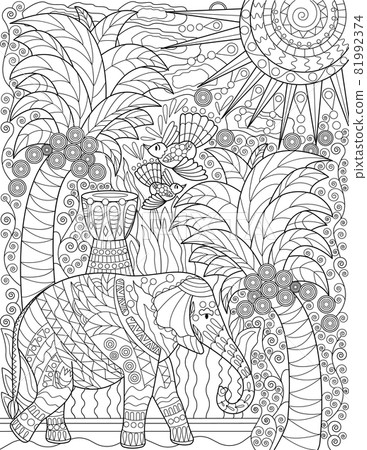 Large Elephant With Tall Coconut Trees Birds Flying Sun In The Sky Colorless Line Drawing. Big Mammal With Long Trunk Standing Walking Coloring Book Page Large Elephant With Tall Coconut Trees Birds Flying Sun In The Sky Colorless Line Drawing. Big Mammal With Long Trunk Standing Walking Coloring Book Page 81992374
