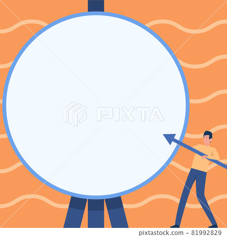 Man Drawing Standing Holding Large Arrow Pointing Towards Big Circular Target On Tripod. Gentleman Design Carrying Large Bolt Points To Large Round Thing. Man Drawing Standing Holding Large Arrow Pointing Towards Big Circular Target On Tripod. Gentleman Design Carrying Large Bolt Points To Large Round Thing. 81992829