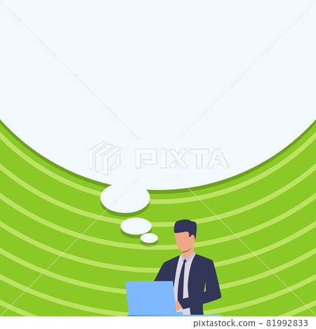 Businessman In Suit Drawing Using Laptop With Large Idea Bubble. Gentleman In Uniform Design Standing Uses Portable Computer Huge Speech Balloon. Businessman In Suit Drawing Using Laptop With Large Idea Bubble. Gentleman In Uniform Design Standing Uses Portable Computer Huge Speech Balloon. 81992833