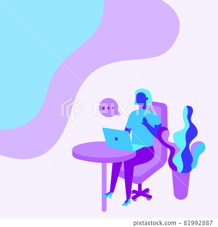 Woman Drawing Sitting Office Desk Using Laptop With Speech Bubble Beside Plant Vase. Lady Design Uses Portable Computer Placed On Top Of Table Beside A Potted Container. 81992887