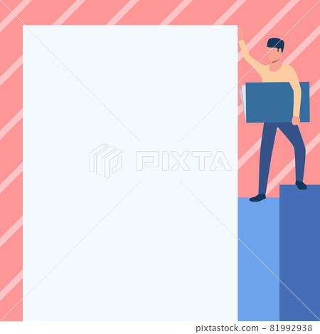 Man Drawing Standing Carrying Large Notebook While Showing Big Whiteboard. Gentleman Design Stands Holding Notepad Holds Giant Sheet Of Paper. Man Drawing Standing Carrying Large Notebook While Showing Big Whiteboard. Gentleman Design Stands Holding Notepad Holds Giant Sheet Of Paper. 81992938