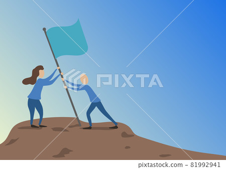 Man And Woman Drawing Standing Setting Up Flag On Peak Of Mountain. Colleagues Design Sticking Banner Pole Hill Top Showing Goals Reached Through Teamwork. Man And Woman Drawing Standing Setting Up Flag On Peak Of Mountain. Colleagues Design Sticking Banner Pole Hill Top Showing Goals Reached Through Teamwork. 81992941