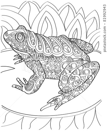 Large Toad On Water Lily Looking Sideward Colorless Line Drawing. Huge Bullfrog Resting On A Plant In A Pond Coloring Book Page. Large Toad On Water Lily Looking Sideward Colorless Line Drawing. Huge Bullfrog Resting On A Plant In A Pond Coloring Book Page. 81992943