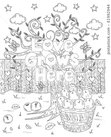 Apple Tree Beside A Bucket Full Of Fruits Leaves Clouds Stars Colorless Line Drawing. Sappling With Few Leaves Fruit Basket Coloring Book Page. Apple Tree Beside A Bucket Full Of Fruits Leaves Clouds Stars Colorless Line Drawing. Sappling With Few Leaves Fruit Basket Coloring Book Page. 81992944