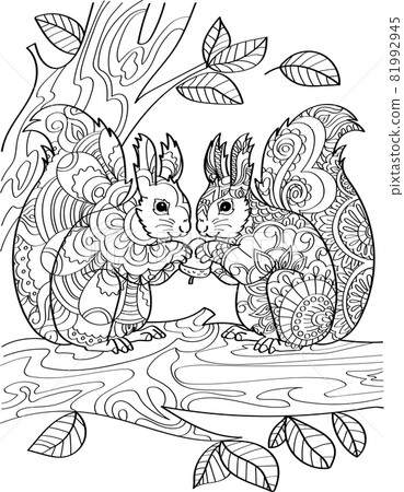 Two Squirrels Standing Holding Acorn On Top Tree Branch With Leaves Line Drawing. Chipmunks Facing Each Other Eating Nut On Forest Wood Coloring Book. Two Squirrels Standing Holding Acorn On Top Tree Branch With Leaves Line Drawing. Chipmunks Facing Each Other Eating Nut On Forest Wood Coloring Book. 81992945