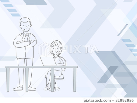 Man Standing Drawing Crossed Arms Woman Sitting Using Laptop Showing Mentor Student. Lady Sits At Desk Looking Computer Screen Man Stands Watching Colleague. 81992986