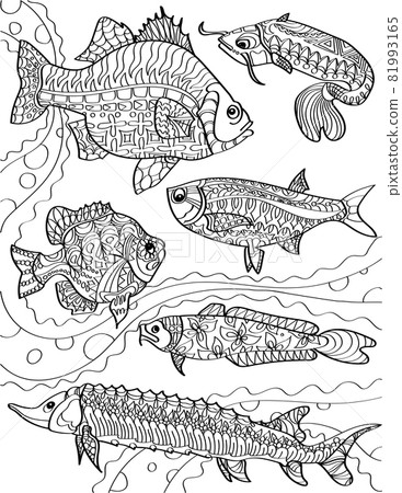 Different Ocean Fishes Swimming Against The Currents Colorless Line Drawing. Community Of Fish Swims Below Sea Level Coloring Book Page. Different Ocean Fishes Swimming Against The Currents Colorless Line Drawing. Community Of Fish Swims Below Sea Level Coloring Book Page. 81993165
