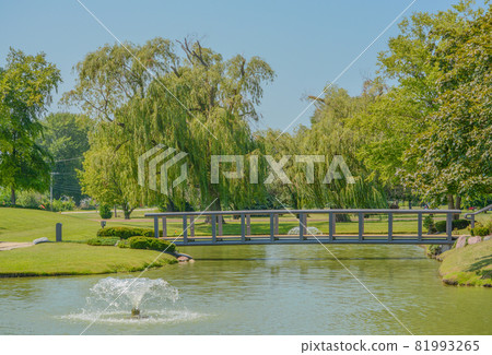 A beautiful landscape with a water fountain on the Pond in Aurora, Illinois A beautiful landscape with a water fountain on the Pond in Aurora, Illinois 81993265
