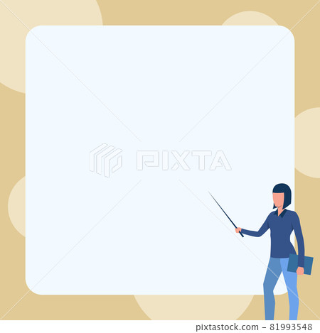 Lady Drawing Standing Holding Notebook While Pointing Stick In Big Blank Whiteboard. Woman Design Stands Carrying Notepad Points Rod In Empty Large Board. Lady Drawing Standing Holding Notebook While Pointing Stick In Big Blank Whiteboard. Woman Design Stands Carrying Notepad Points Rod In Empty Large Board. 81993548