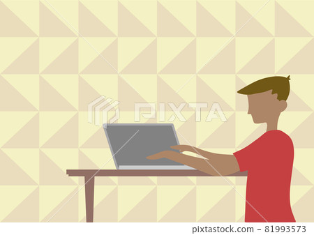 Businessman Standing Drawing Using Laptop Placed On Top Of Wooden Table. Gentleman Sitting Design Uses Notebook Computer Showing Office Productivity. 81993573
