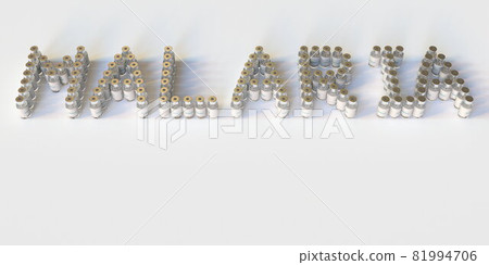 MALARIA text made with many medical vials. 3D rendering MALARIA text made with many medical vials. 3D rendering 81994706