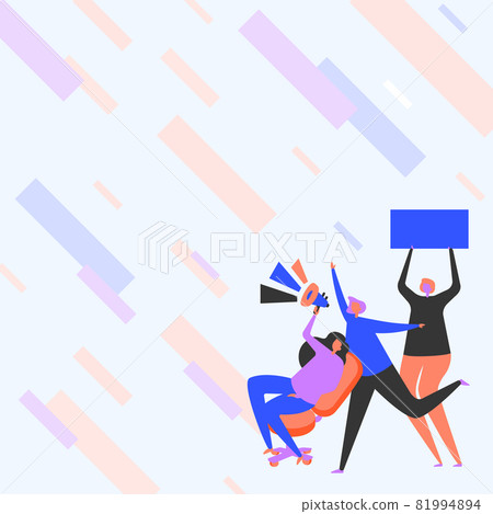 Woman Drawing Sitting Holding Megaphone Making New Announcement To The Crowd. People Line Drawing Using Bullhorn And Holding Placard Promoting Late Advertisement. 81994894