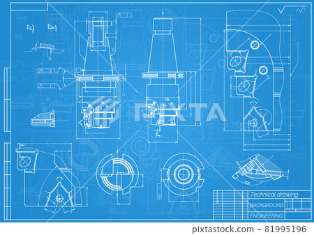 Mechanical engineering drawings on blue background. Tap tools, borer. Technical Design. Cover. Blueprint. Vector illustration. 81995196