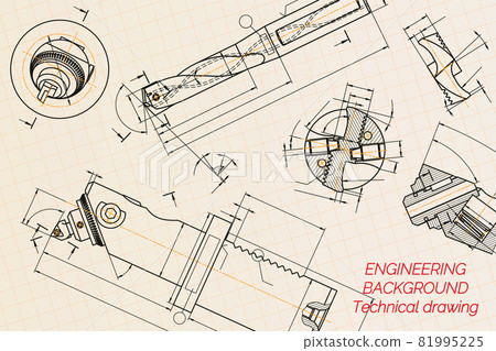 Mechanical engineering drawings on blue background. Drill tools, borer. Boring bar with micrometric adjustment. Broach. Technical Design. Cover. Blueprint. Vector illustration. 81995225