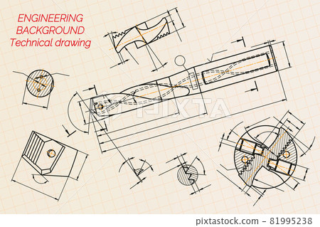 Mechanical engineering drawings on blue background. Drill tools, borer. Technical Design. Cover. Blueprint. Vector illustration. 81995238