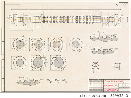 Mechanical engineering drawings on blue background. Broach. Technical Design. Cover. Blueprint. Vector illustration. 81995240