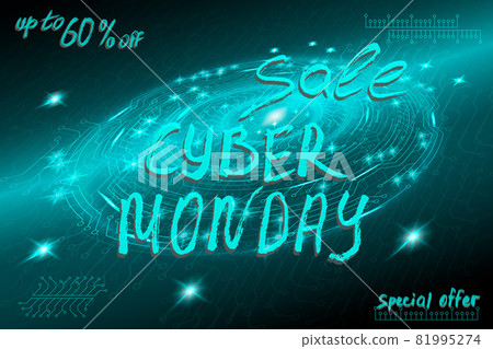 Blue futuristic technological background in cyberpunk style. Cyber monday. The inscription is painted by hand with brush. Lettering for design of postcards, calendar, poster, banner. Horizontal format 81995274
