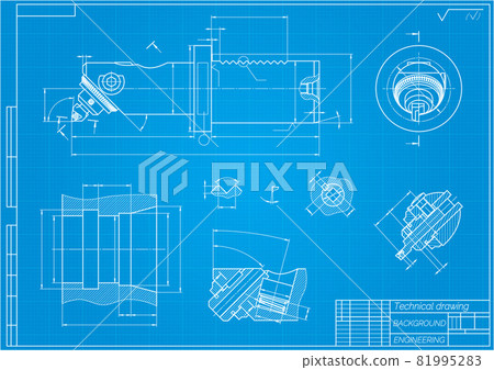 Mechanical engineering drawings on blue background. Boring bar with micrometric adjustment. Technical Design. Cover. Blueprint. Vector illustration. Mechanical engineering drawings on blue background. Boring bar with micrometric adjustment. Technical Design. Cover. Blueprint. Vector illustration. 81995283