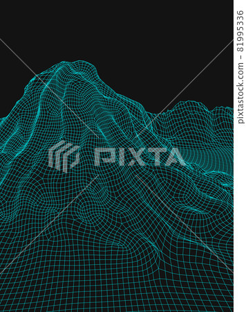 Blue abstract vector wireframe landscape background. 3D futuristic mesh mountains. 80s Retro illustration. Cyberspace technology valleys. Blue abstract vector wireframe landscape background. 3D futuristic mesh mountains. 80s Retro illustration. Cyberspace technology valleys. 81995336