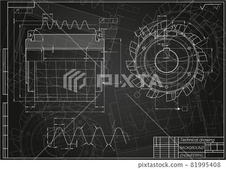 Mechanical engineering drawings on black background. Cutting tools, milling cutter. Technical Design. Cover. Blueprint. Vector illustration. 81995408