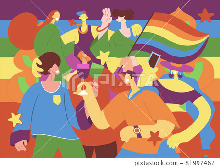 A crowd marching in a Pride parade.a trend that involves a diverse set of people, A vector illustration of a doodle 81997462
