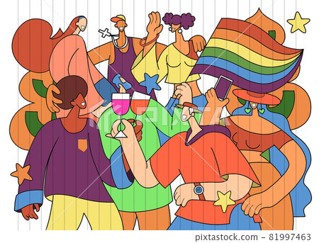 A crowd marching in a Pride parade.a trend that involves a diverse set of people, A vector illustration of a doodle 81997463