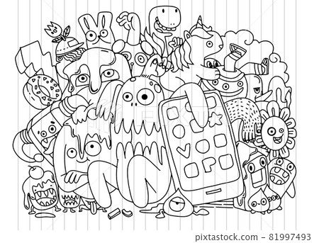Cute  Monsters group ,Set of funny cute monsters, aliens or fantasy animals for gretting card or t-shirts. Hand drawn line art cartoon vector illustration 81997493