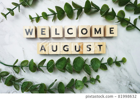 Welcome August alphabet letter with green leave flat lay on marble background 81998632